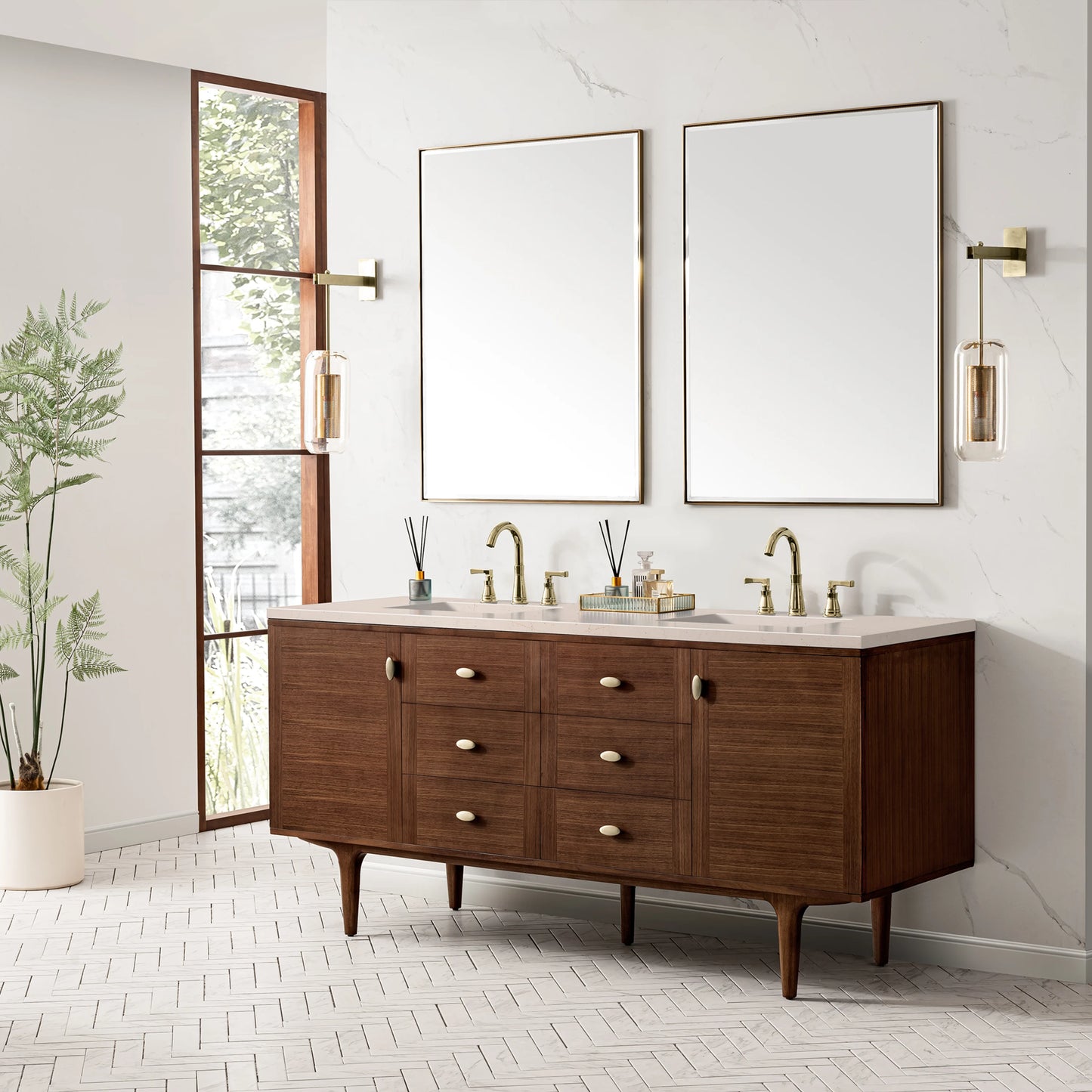 Renovate for Less Atlanta Amberly 72" Double Vanity, Mid-Century Walnut w/ 3 CM Eternal Marfil Top, view 7