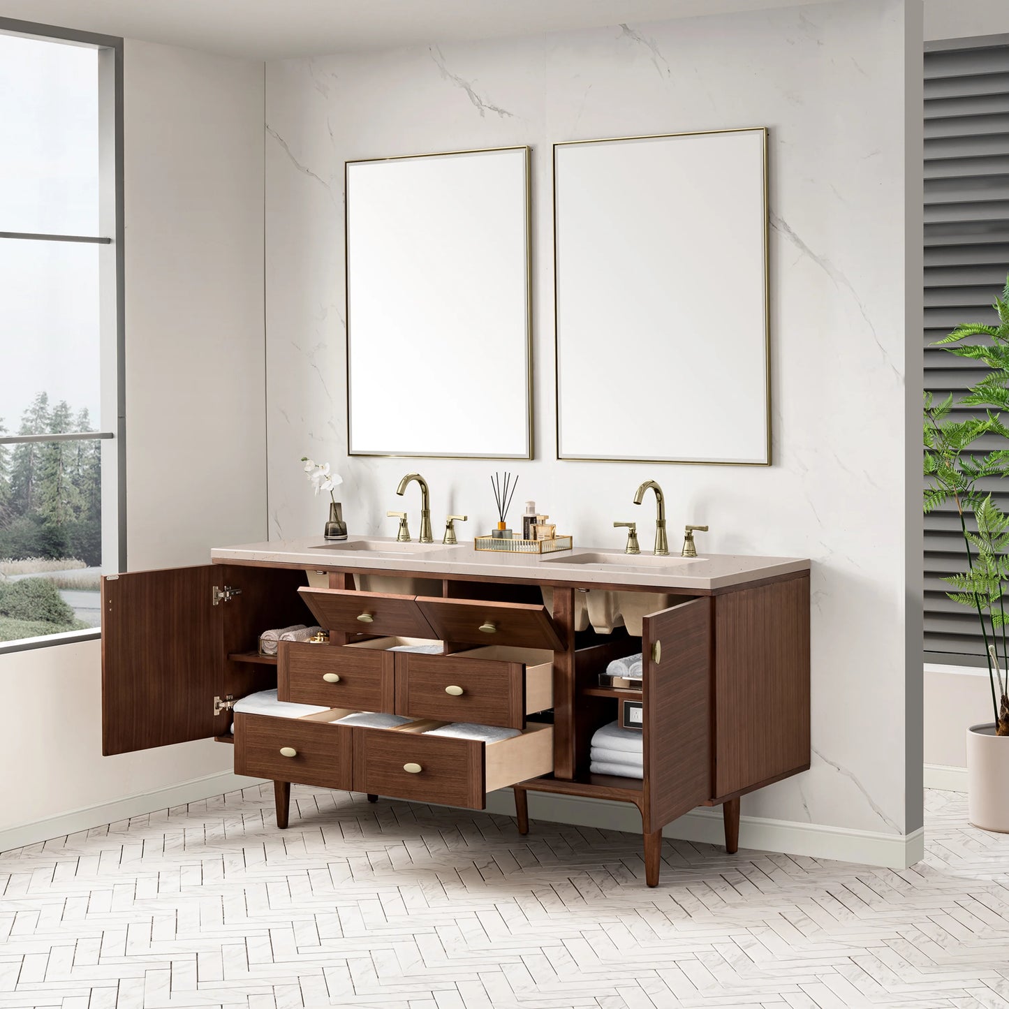 Renovate for Less Atlanta Amberly 72" Double Vanity, Mid-Century Walnut w/ 3 CM Eternal Marfil Top, view 9