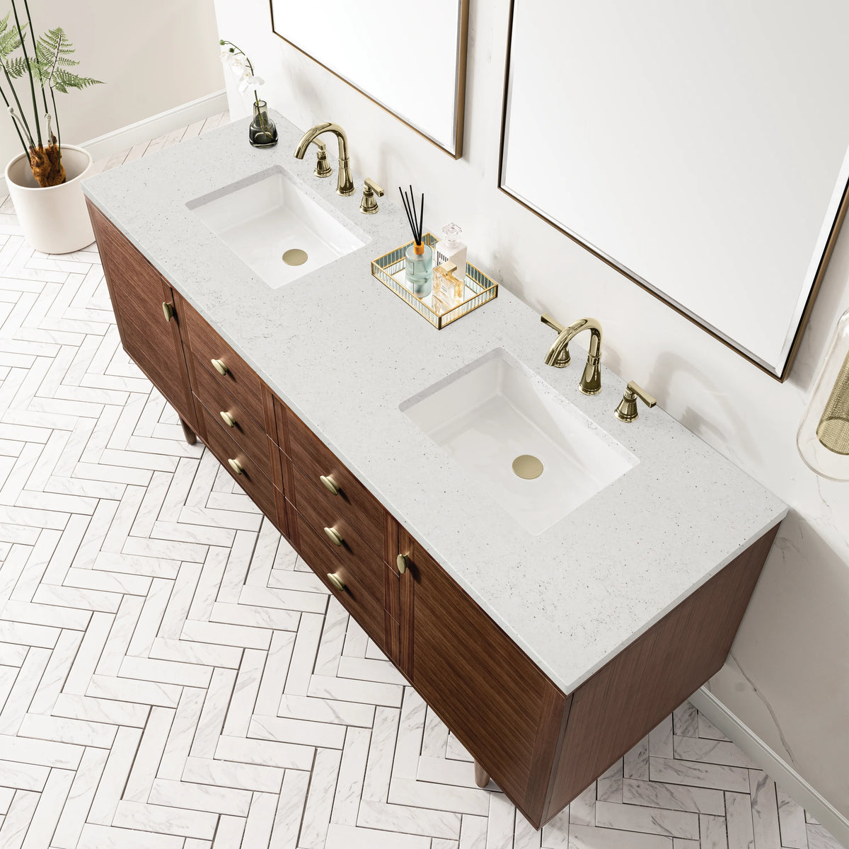 Amberly 72" Double Vanity, Mid-Century Walnut w/ 3 CM Lime Delight Top, view 11