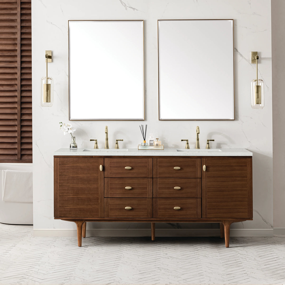 Amberly 72" Double Vanity, Mid-Century Walnut w/ 3 CM Lime Delight Top, view 5
