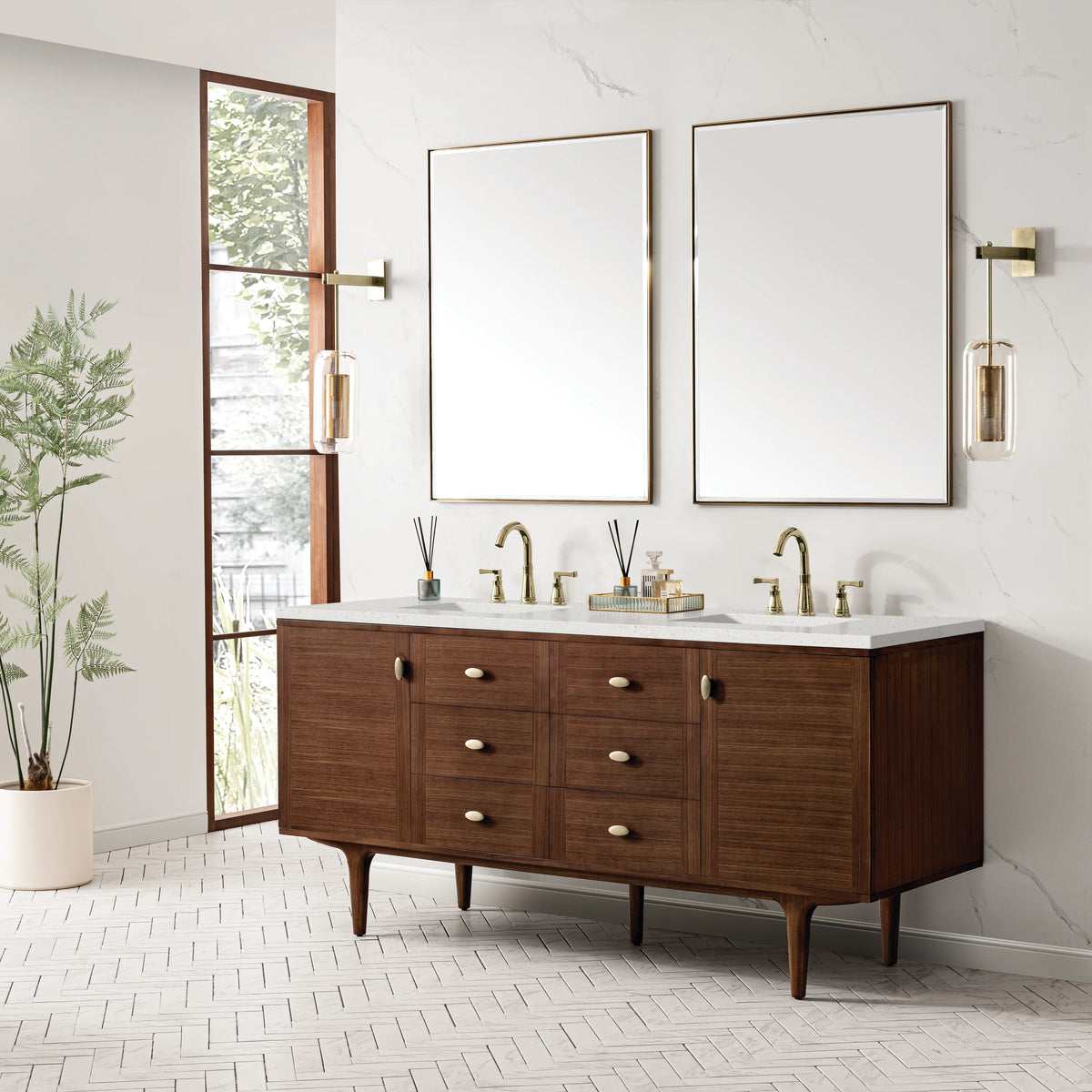 Amberly 72" Double Vanity, Mid-Century Walnut w/ 3 CM Lime Delight Top, view 7