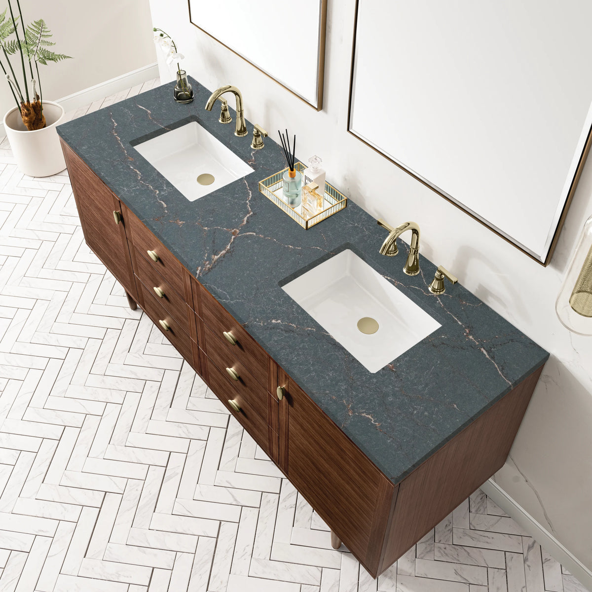 Amberly 72" Double Vanity, Mid-Century Walnut w/ 3 CM Parisien Bleu Top, view 12