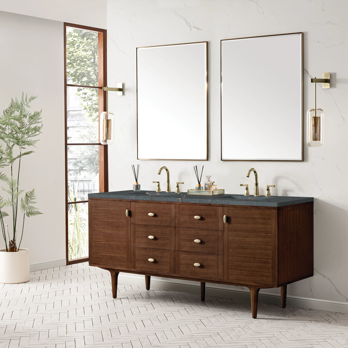 Amberly 72" Double Vanity, Mid-Century Walnut w/ 3 CM Parisien Bleu Top, view 7