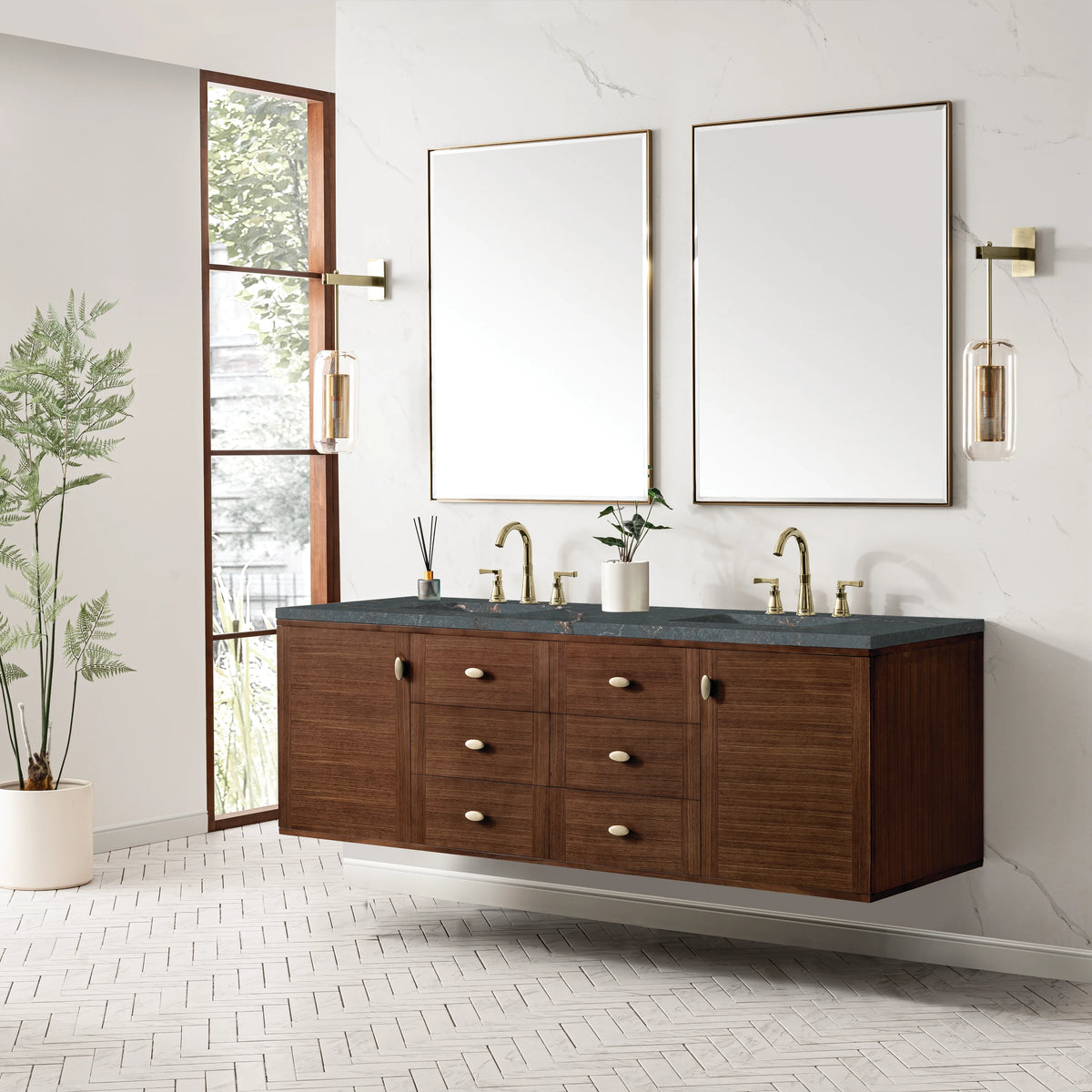 Amberly 72" Double Vanity, Mid-Century Walnut w/ 3 CM Parisien Bleu Top, view 8