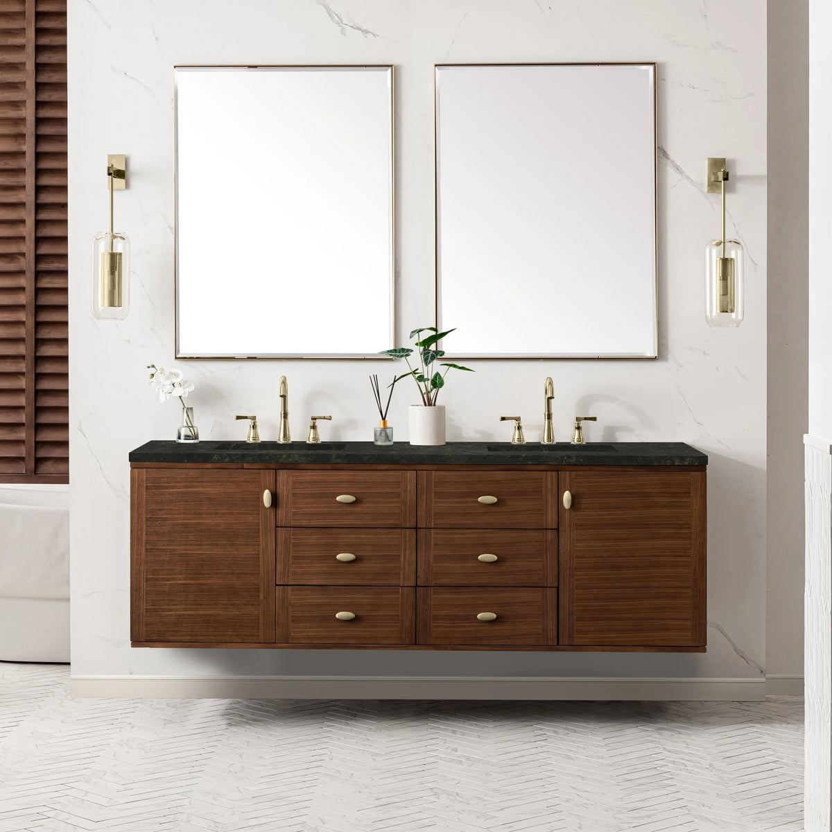 Amberly 72" Double Vanity, Mid-Century Walnut, w/ 3 CM Phantome Eclos Top, view 6