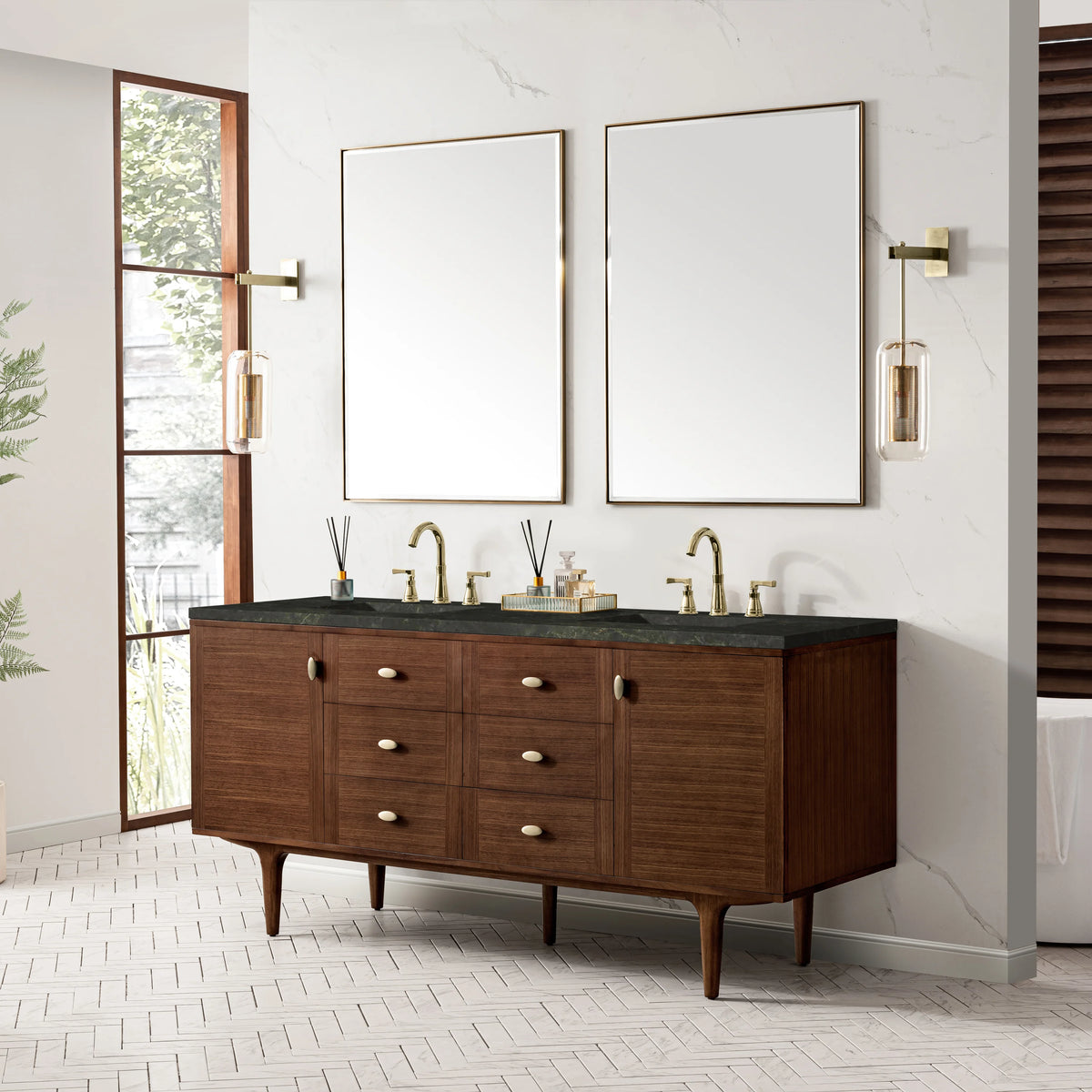 Amberly 72" Double Vanity, Mid-Century Walnut, w/ 3 CM Phantome Eclos Top, view 7