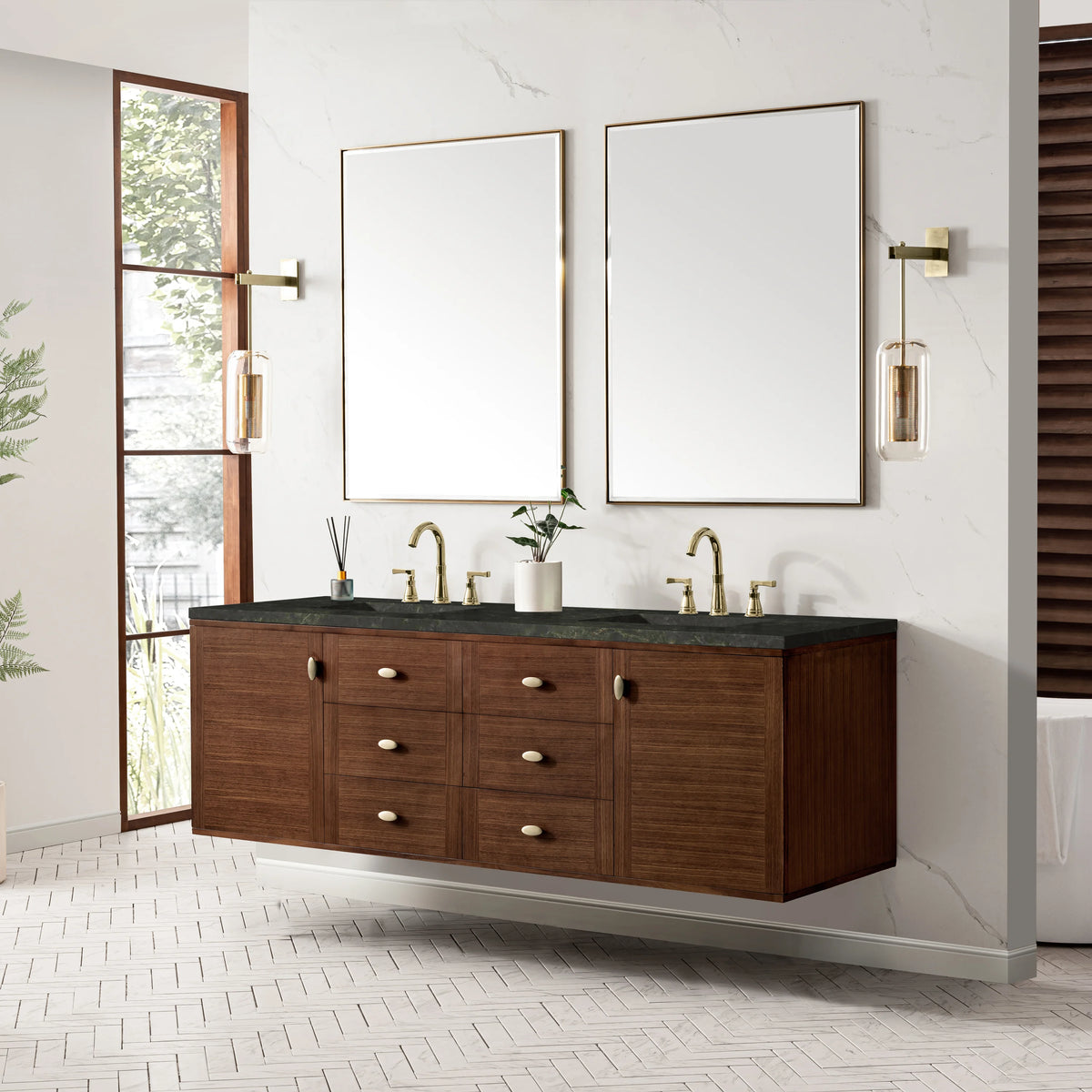 Amberly 72" Double Vanity, Mid-Century Walnut, w/ 3 CM Phantome Eclos Top, view 8
