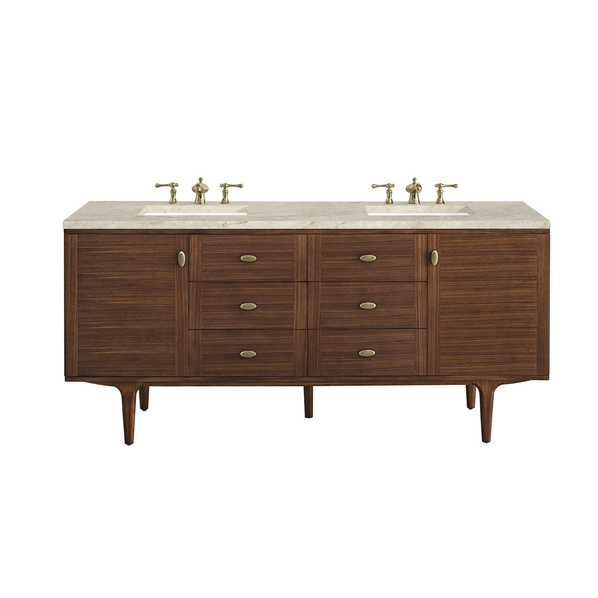 Amberly 72" Double Vanity, Mid-Century Walnut, w/ 3 CM Tajnar Eclos Top