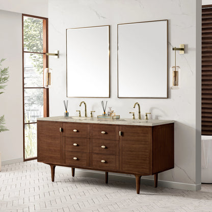 Amberly 72" Double Vanity, Mid-Century Walnut, w/ 3 CM Tajnar Eclos Top, view 7