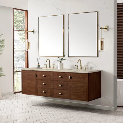 Amberly 72" Double Vanity, Mid-Century Walnut, w/ 3 CM Tajnar Eclos Top, view 8