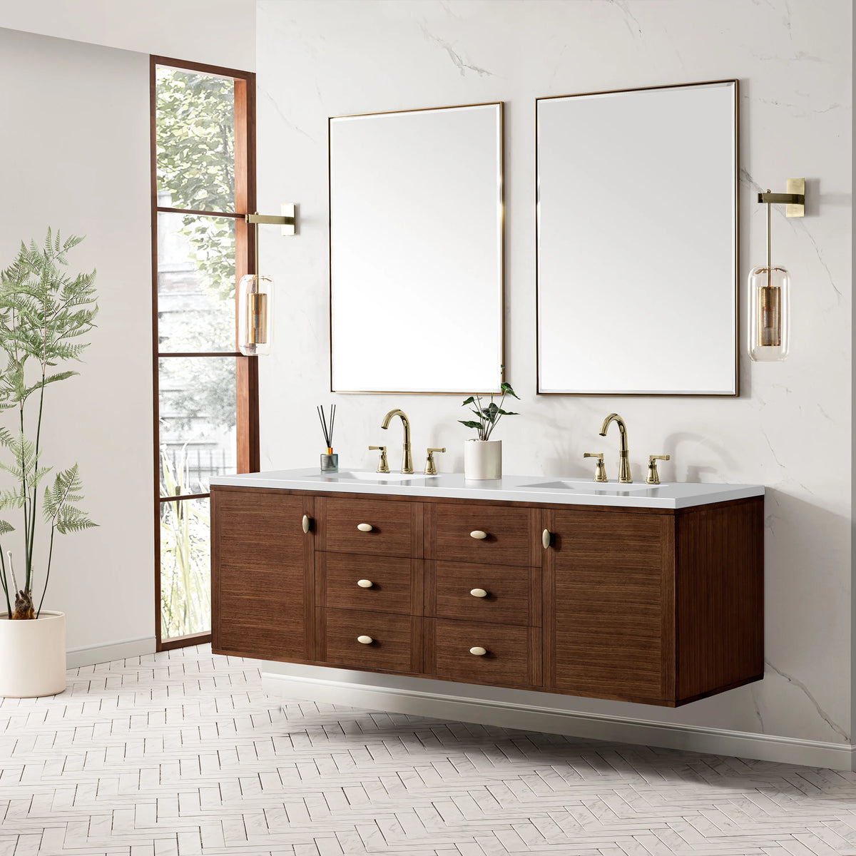 Amberly 72" Double Vanity, Mid-Century Walnut w/ 3 CM White Zeus Top, view 10