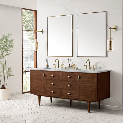 Amberly 72" Double Vanity, Mid-Century Walnut w/ 3 CM Eternal Jasmine Pearl Top w/FreePower Wireless Charger, view 8