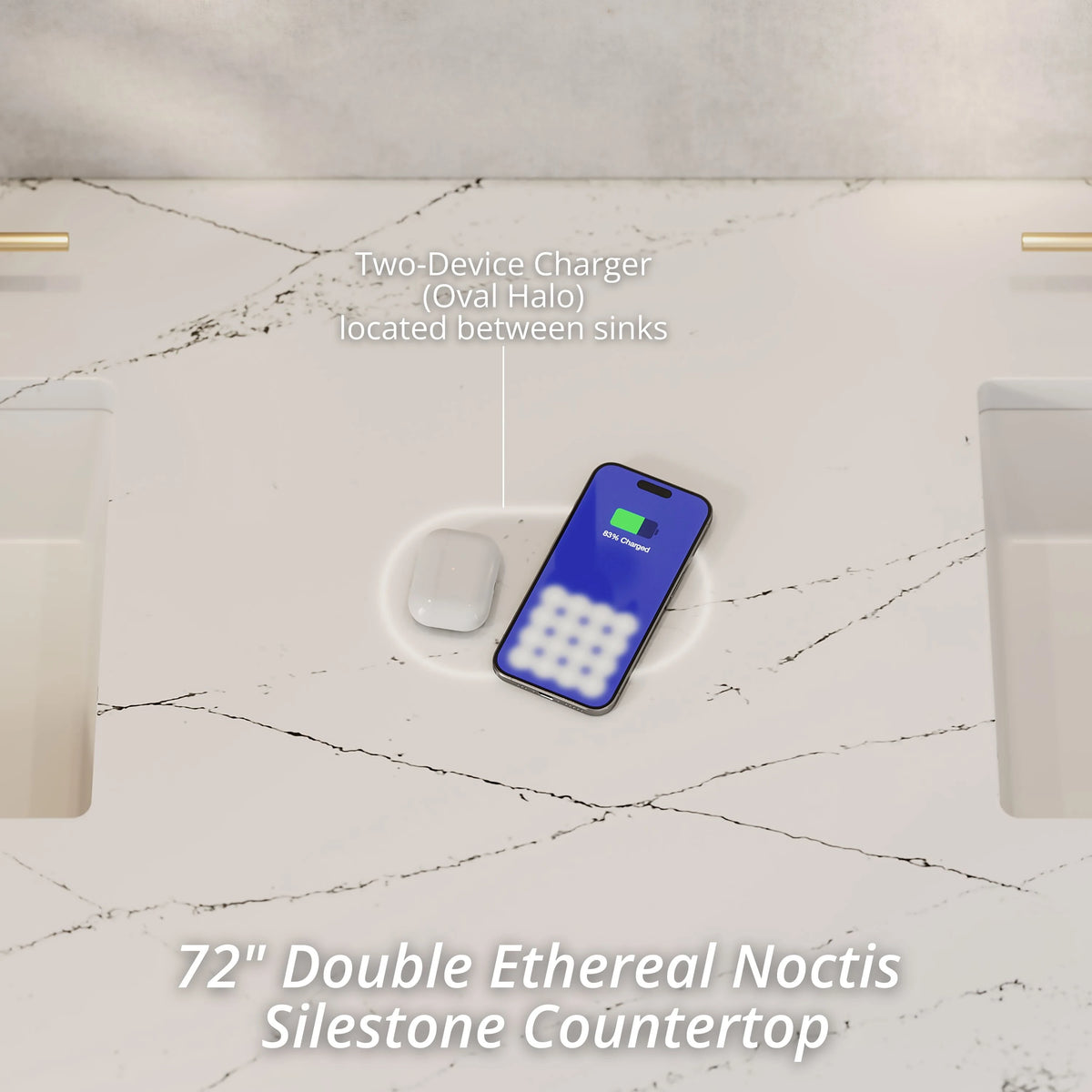 Amberly 72" Double Vanity, Mid-Century Walnut w/ 3 CM Ethereal Noctis Top w/FreePower Wireless Charger, view 4