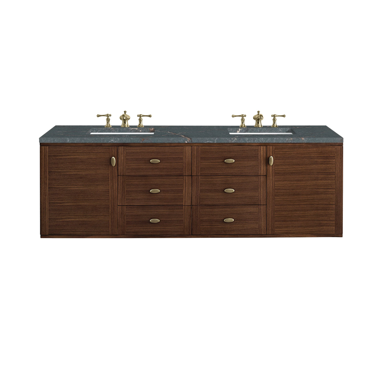 Amberly 72" Double Vanity, Mid-Century Walnut w/ 3 CM Parisien Bleu Top w/FreePower Wireless Charger, view 2