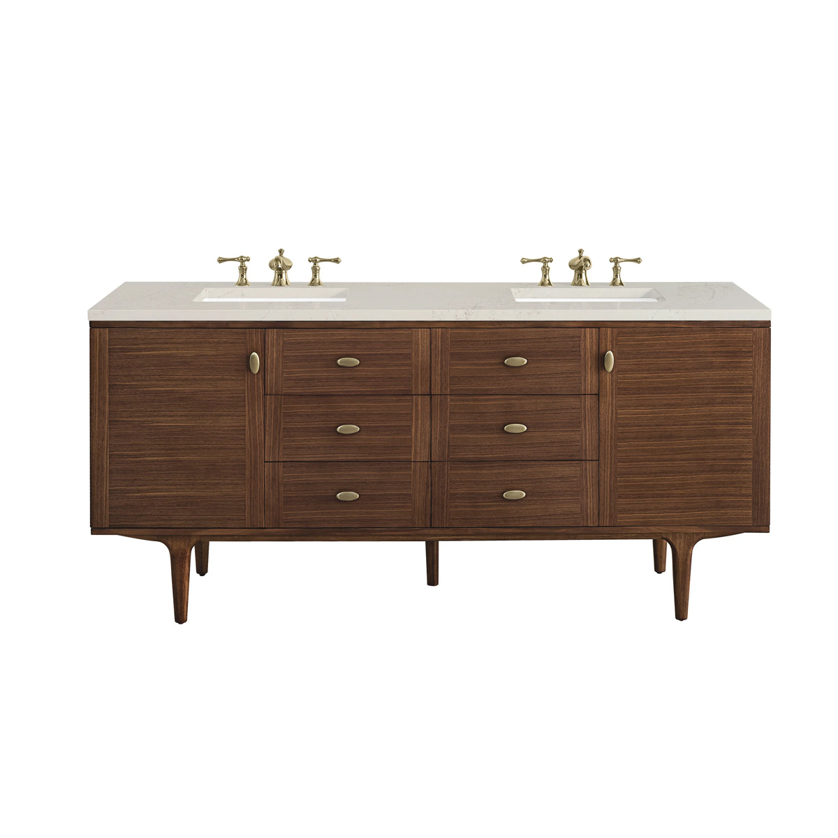 Amberly 72" Double Vanity, Mid-Century Walnut, w/ 3 CM Siberian Silestone Top w/FreePower Wireless Charger