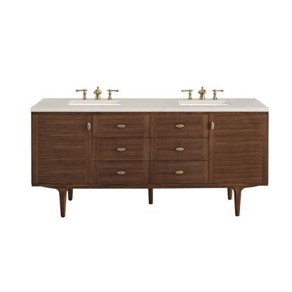 Amberly 72" Double Vanity, Mid-Century Walnut, w/ 3 CM Siberian Silestone Top w/FreePower Wireless Charger