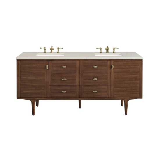 Amberly 72" Double Vanity, Mid-Century Walnut, w/ 3 CM Siberian Silestone Top w/FreePower Wireless Charger