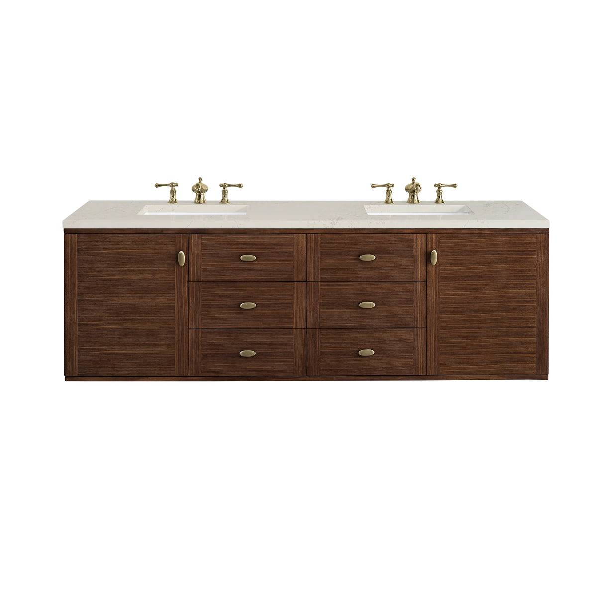 Amberly 72" Double Vanity, Mid-Century Walnut, w/ 3 CM Siberian Silestone Top w/FreePower Wireless Charger, view 2