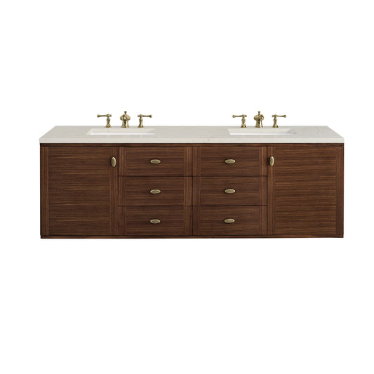 Amberly 72" Double Vanity, Mid-Century Walnut, w/ 3 CM Siberian Silestone Top w/FreePower Wireless Charger, view 2