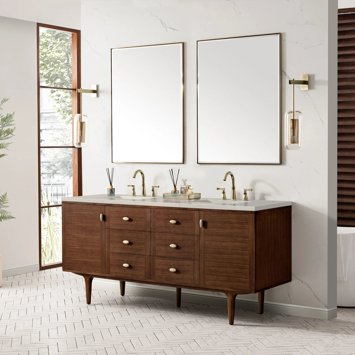 Amberly 72" Double Vanity, Mid-Century Walnut, w/ 3 CM Siberian Silestone Top w/FreePower Wireless Charger, view 9