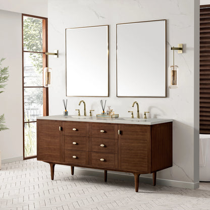 Amberly 72" Double Vanity, Mid-Century Walnut, w/ 3 CM Siberian Silestone Top w/FreePower Wireless Charger, view 9