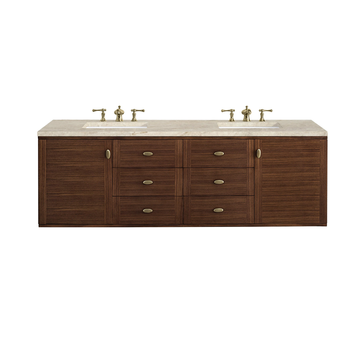 Amberly 72" Double Vanity, Mid-Century Walnut, w/ 3 CM Tajnar Eclos Top w/FreePower Wireless Charger, view 2
