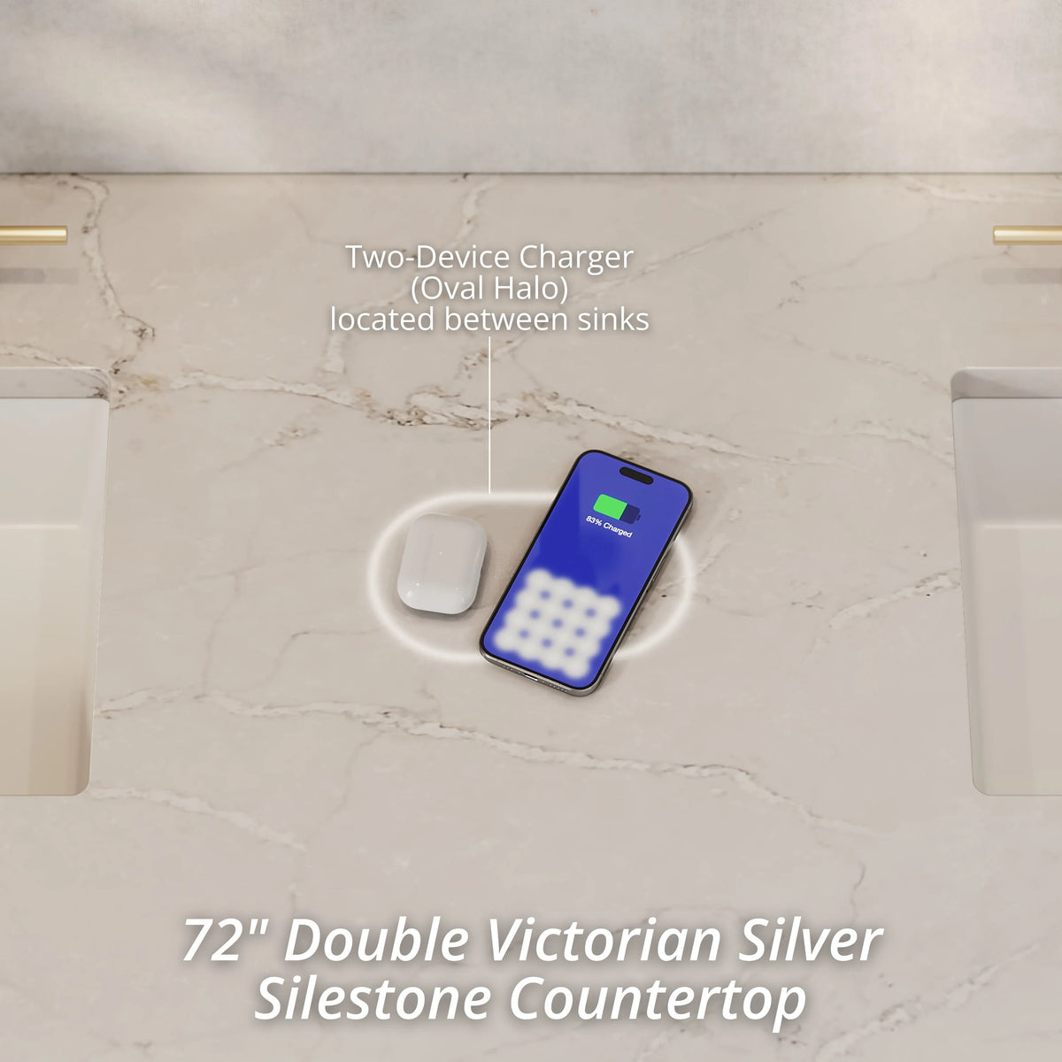 Amberly 72" Double Vanity, Mid-Century Walnut w/ 3 CM Victorian Silver Top w/FreePower Wireless Charger, view 4