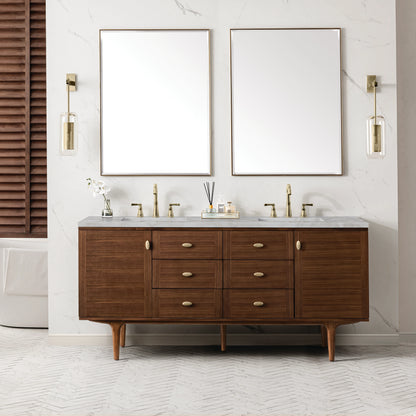 Amberly 72" Double Vanity, Mid-Century Walnut w/ 3 CM Victorian Silver Top w/FreePower Wireless Charger, view 6