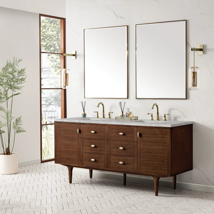 Amberly 72" Double Vanity, Mid-Century Walnut w/ 3 CM Victorian Silver Top w/FreePower Wireless Charger, view 8