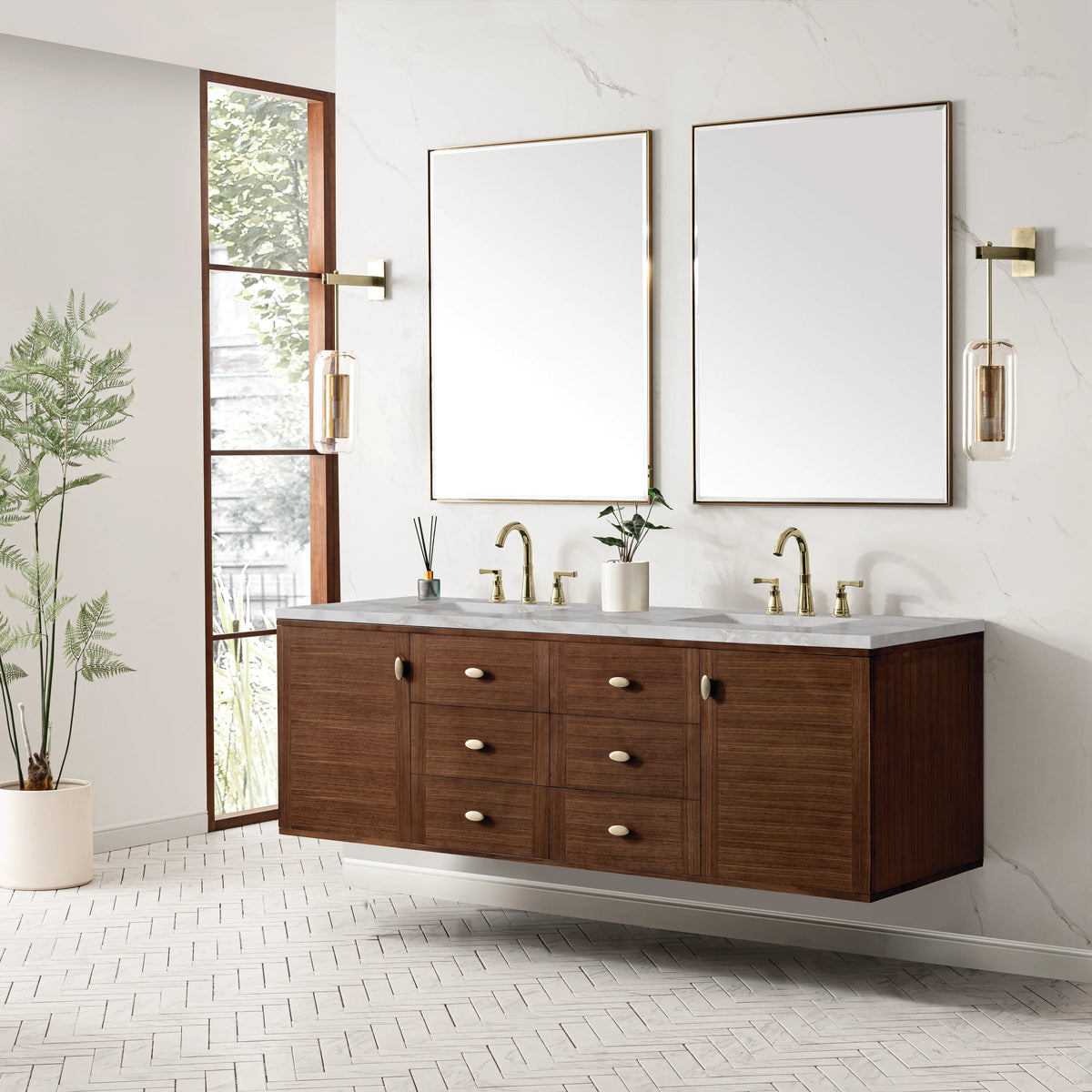 Amberly 72" Double Vanity, Mid-Century Walnut w/ 3 CM Victorian Silver Top w/FreePower Wireless Charger, view 9