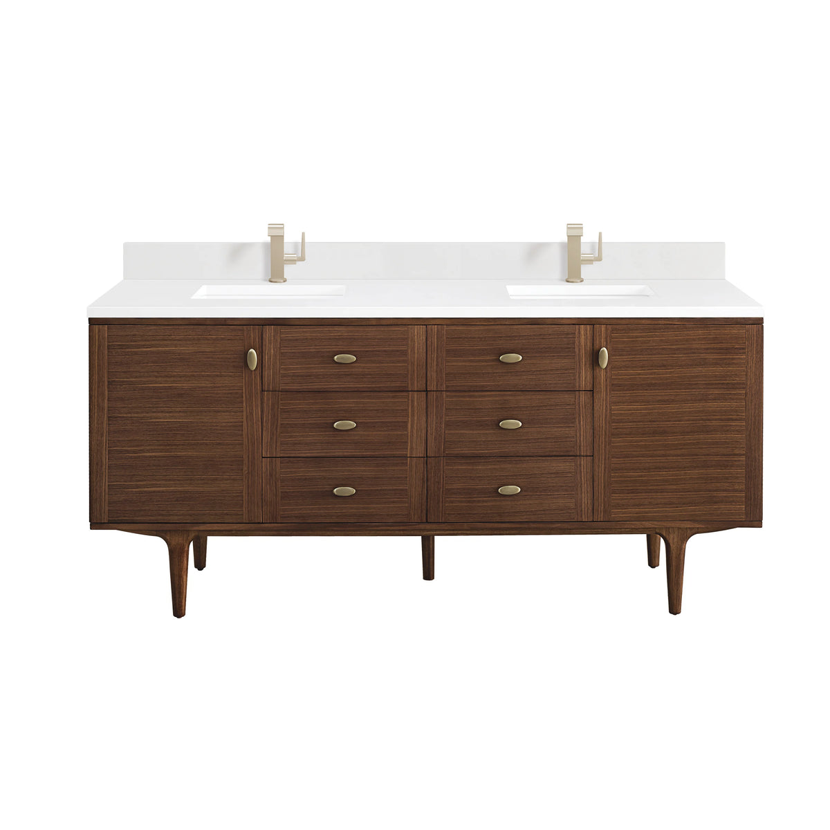 Amberly 72" Double Vanity, Mid-Century Walnut w/ Single Hole 3 CM White Zeus Top & Backsplash, view 2