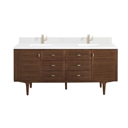 Amberly 72" Double Vanity, Mid-Century Walnut w/ Single Hole 3 CM White Zeus Top & Backsplash, view 2