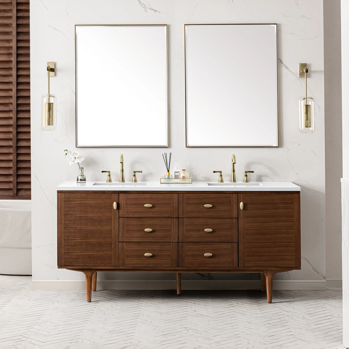 Amberly 72" Double Vanity, Mid-Century Walnut w/ 3 CM White Zeus Top, view 7