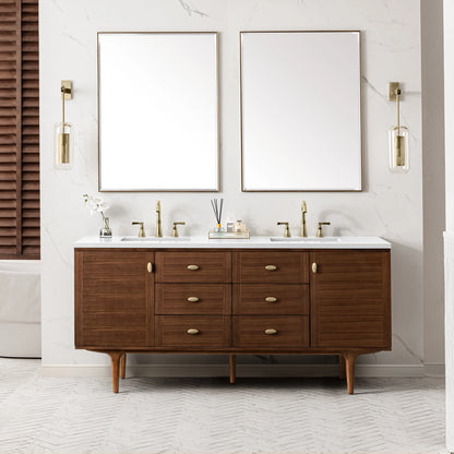 Amberly 72" Double Vanity, Mid-Century Walnut w/ 3 CM White Zeus Top, view 7