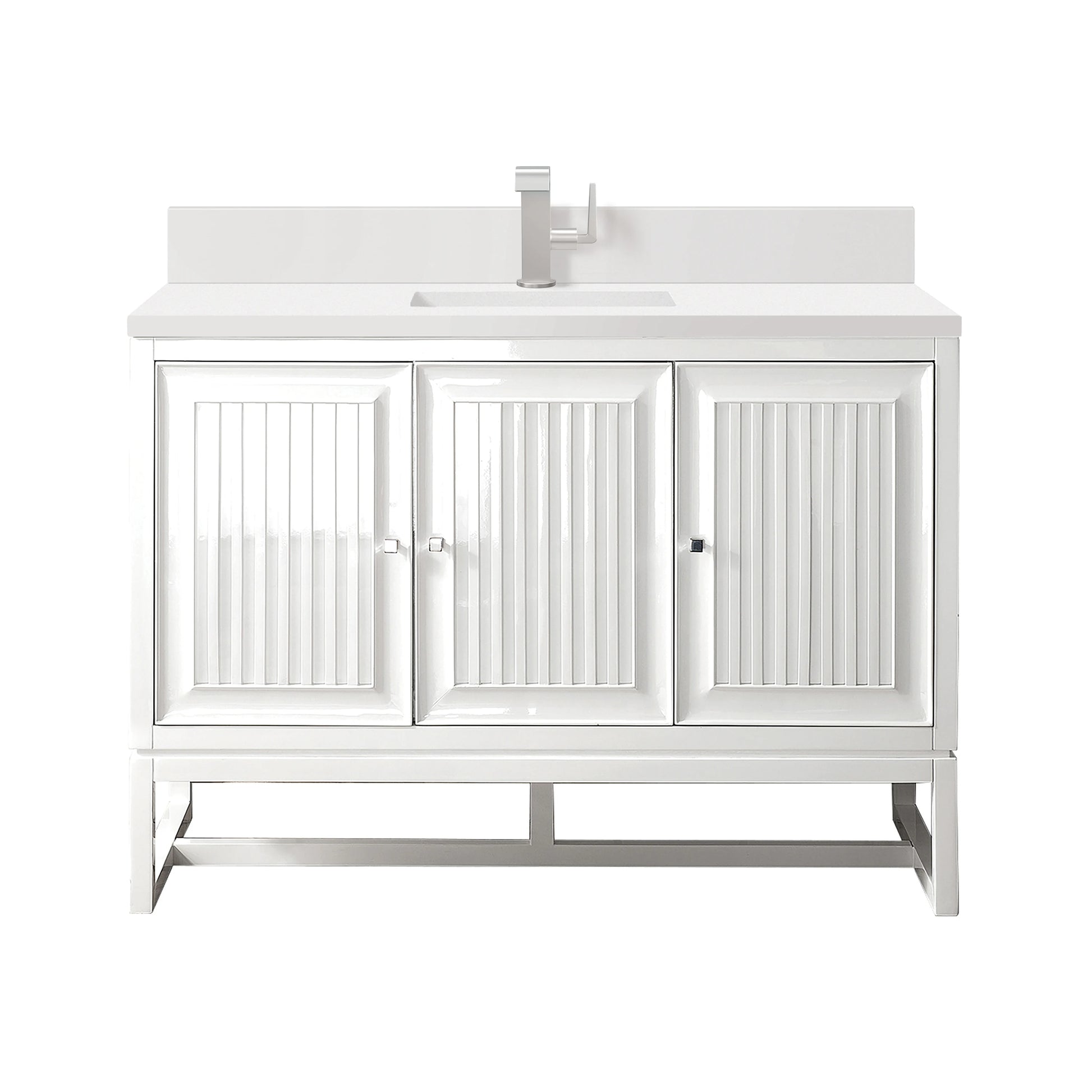 Renovate for Less Atlanta Athens 48" Single Vanity, Glossy White w/ Single Hole 3 CM White Zeus Silestone Top & Backsplash