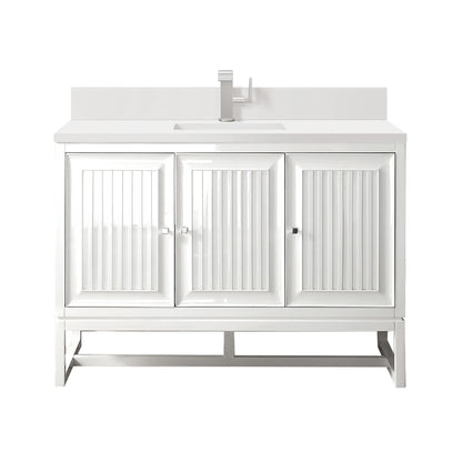 Renovate for Less Atlanta Athens 48" Single Vanity, Glossy White w/ Single Hole 3 CM White Zeus Silestone Top & Backsplash