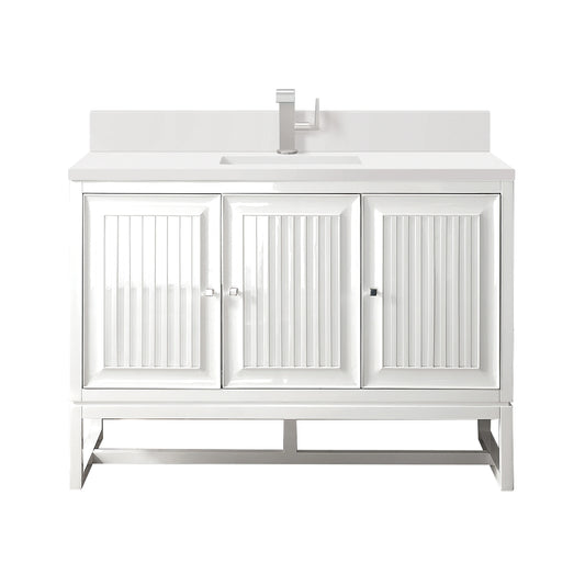 Renovate for Less Atlanta Athens 48" Single Vanity, Glossy White w/ Single Hole 3 CM White Zeus Silestone Top & Backsplash