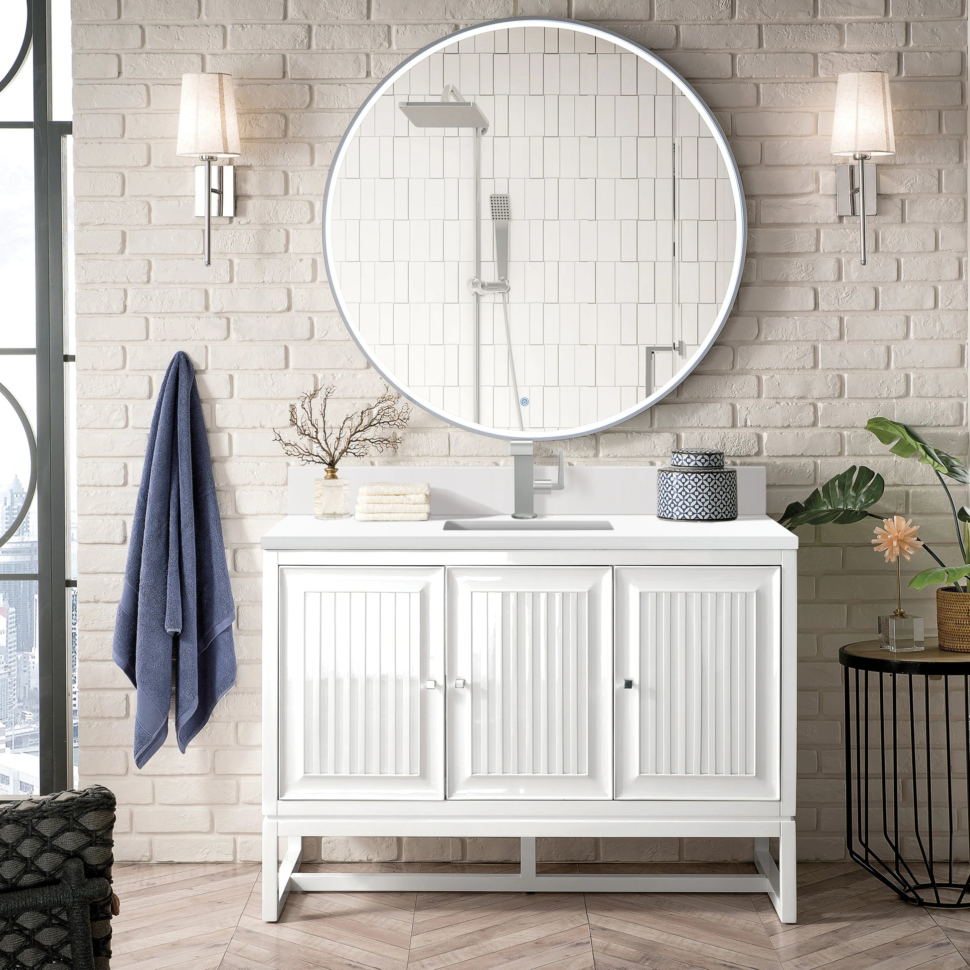 Renovate for Less Atlanta Athens 48" Single Vanity, Glossy White w/ Single Hole 3 CM White Zeus Silestone Top & Backsplash, view 3