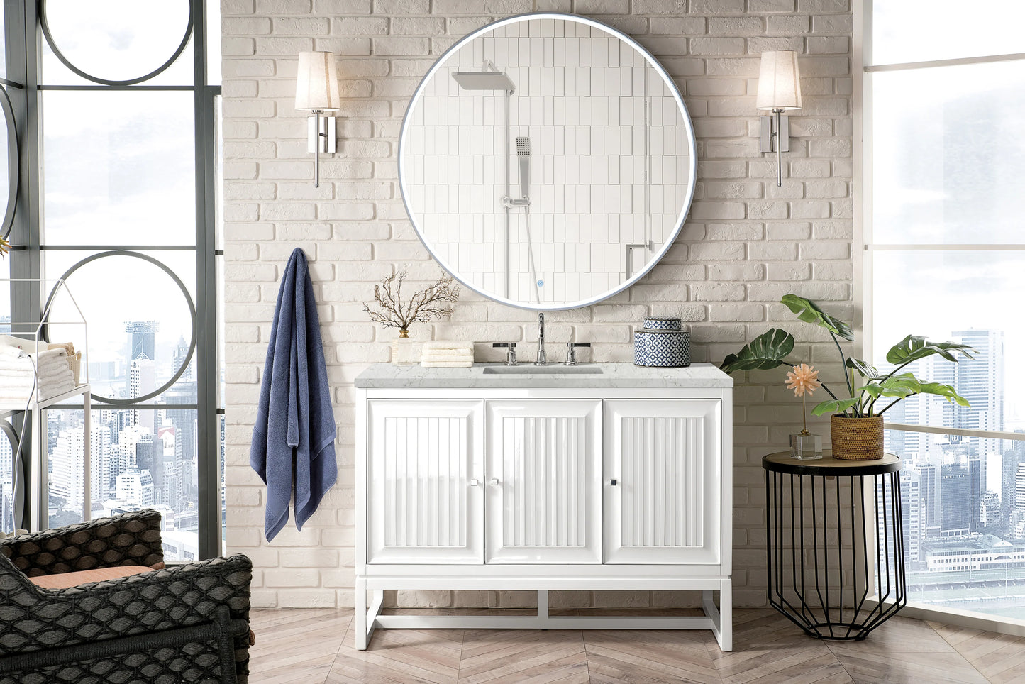 Renovate for Less Atlanta Athens 48" Single Vanity, Glossy White w/ 3 CM Eternal Jasmine Pearl Silestone Top, view 3