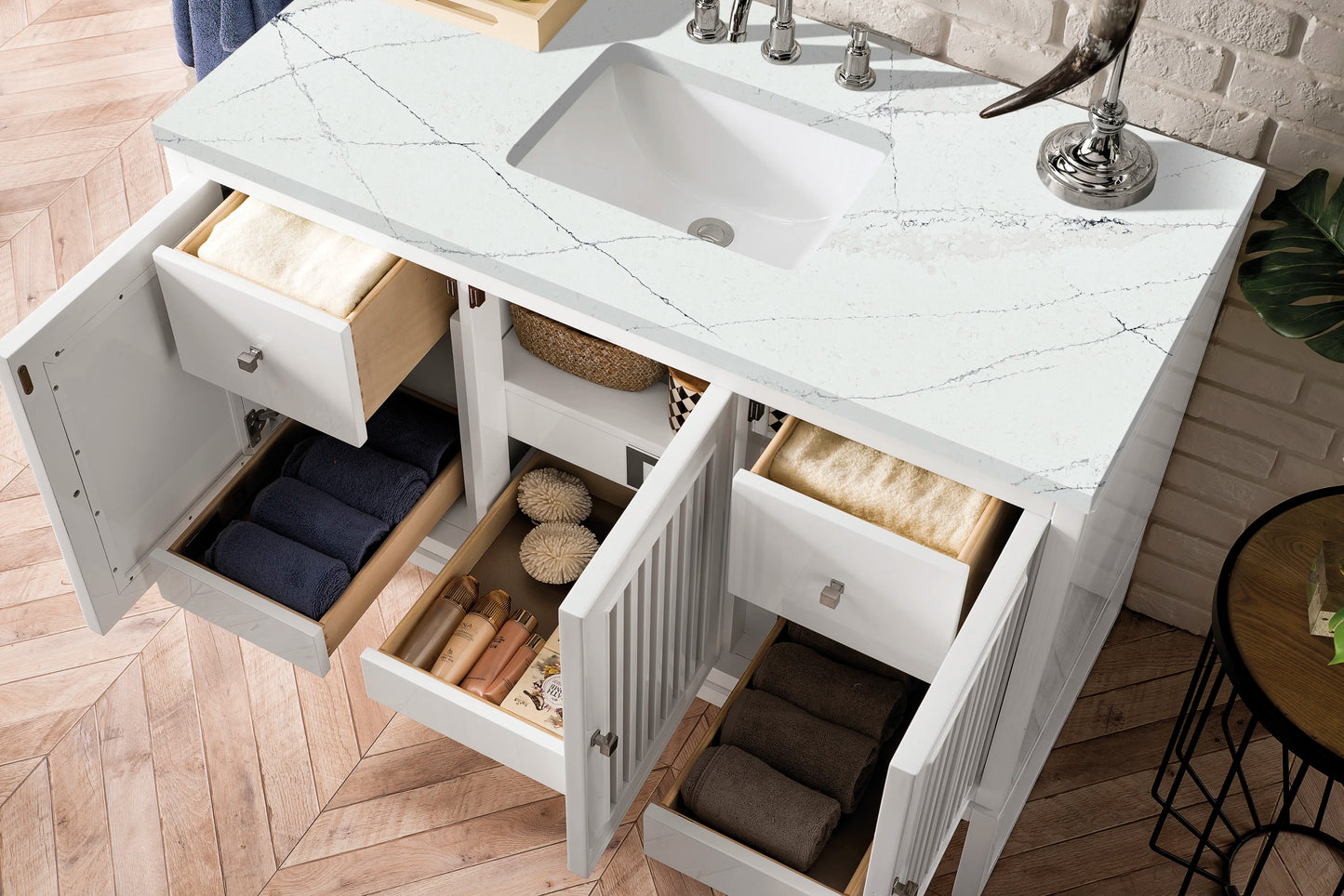 Renovate for Less Atlanta Athens 48" Single Vanity, Glossy White w/ 3 CM Ethereal Noctis Top, view 4