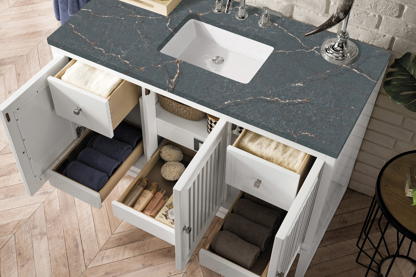 Renovate for Less Atlanta Athens 48" Single Vanity, Glossy White w/ 3 CM Parisien Bleu Silestone Top, view 5