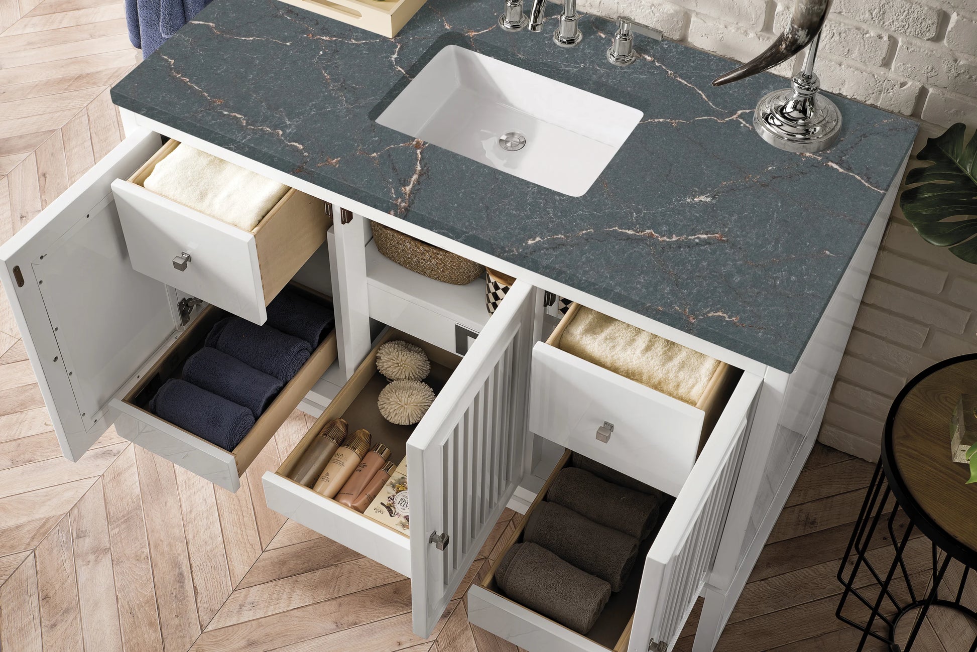 Renovate for Less Atlanta Athens 48" Single Vanity, Glossy White w/ 3 CM Parisien Bleu Silestone Top, view 5