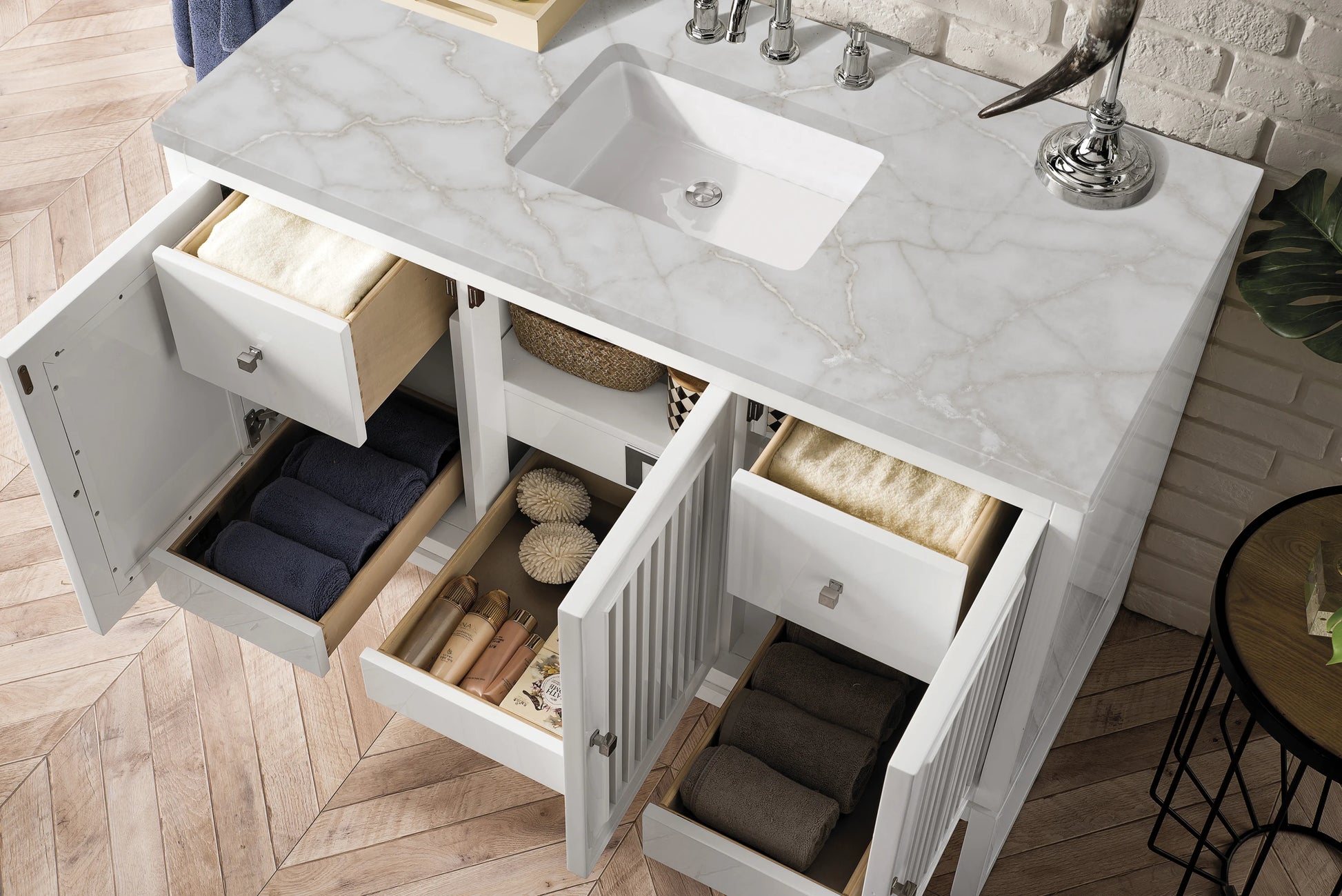Renovate for Less Atlanta Athens 48" Single Vanity, Glossy White w/ 3 CM Victorian Silver Silestone Top, view 5