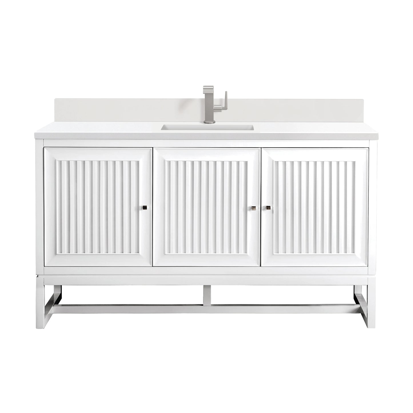 Renovate for Less Atlanta Athens 60" Single Vanity, Glossy White w/ Single Hole 3 CM White Zeus Silestone Top & Backsplash