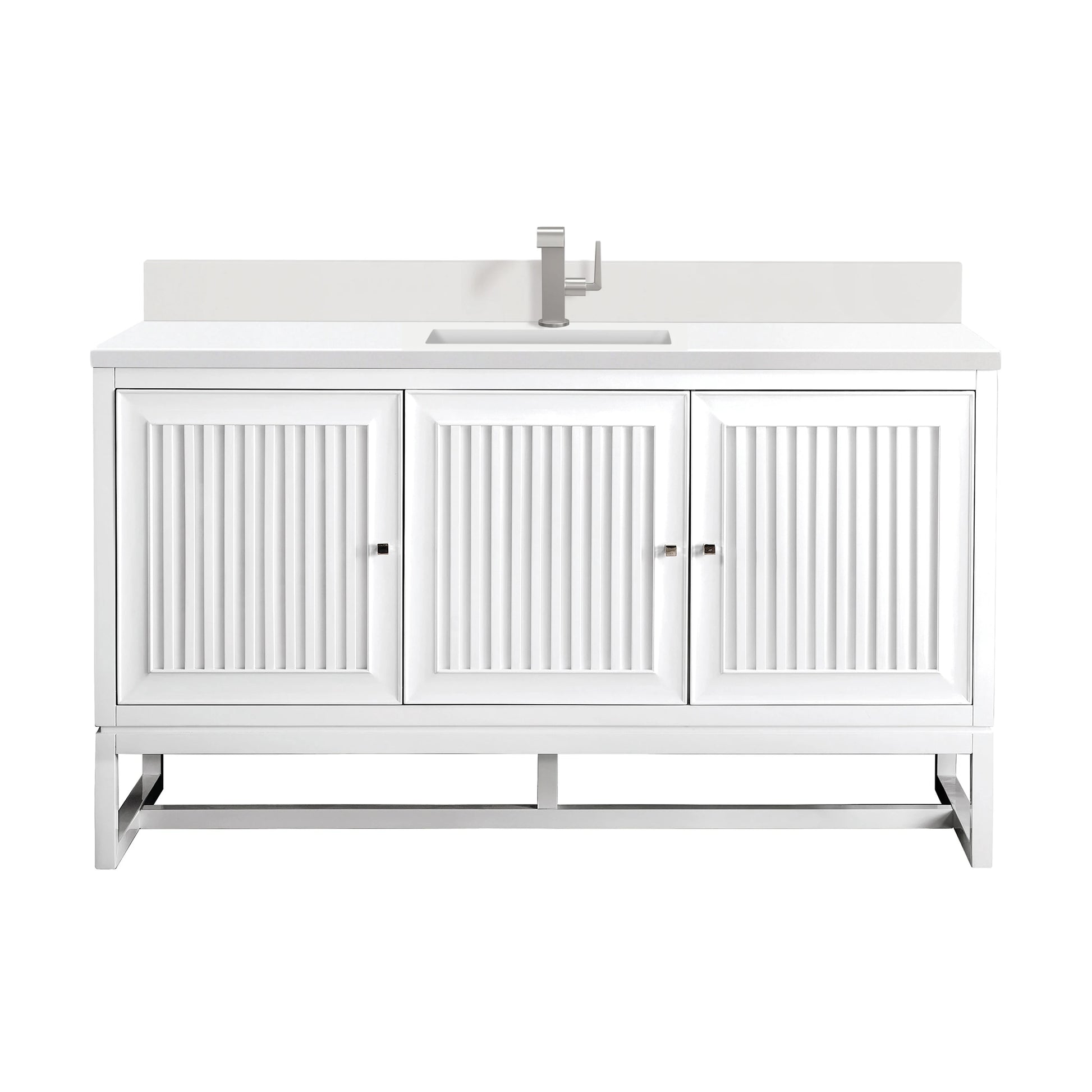 Renovate for Less Atlanta Athens 60" Single Vanity, Glossy White w/ Single Hole 3 CM White Zeus Silestone Top & Backsplash