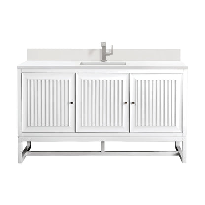 Renovate for Less Atlanta Athens 60" Single Vanity, Glossy White w/ Single Hole 3 CM White Zeus Silestone Top & Backsplash