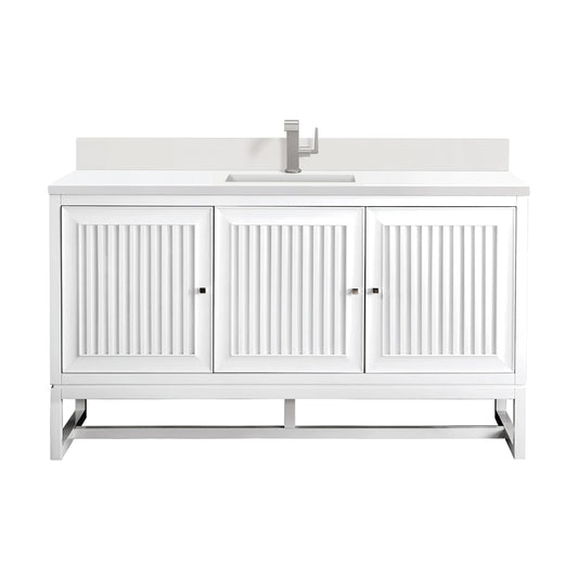 Renovate for Less Atlanta Athens 60" Single Vanity, Glossy White w/ Single Hole 3 CM White Zeus Silestone Top & Backsplash