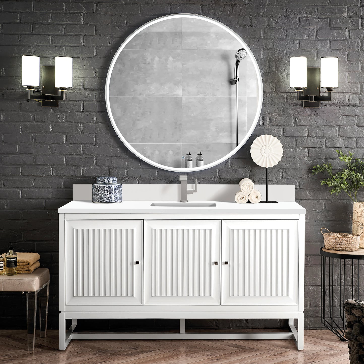 Renovate for Less Atlanta Athens 60" Single Vanity, Glossy White w/ Single Hole 3 CM White Zeus Silestone Top & Backsplash, view 3