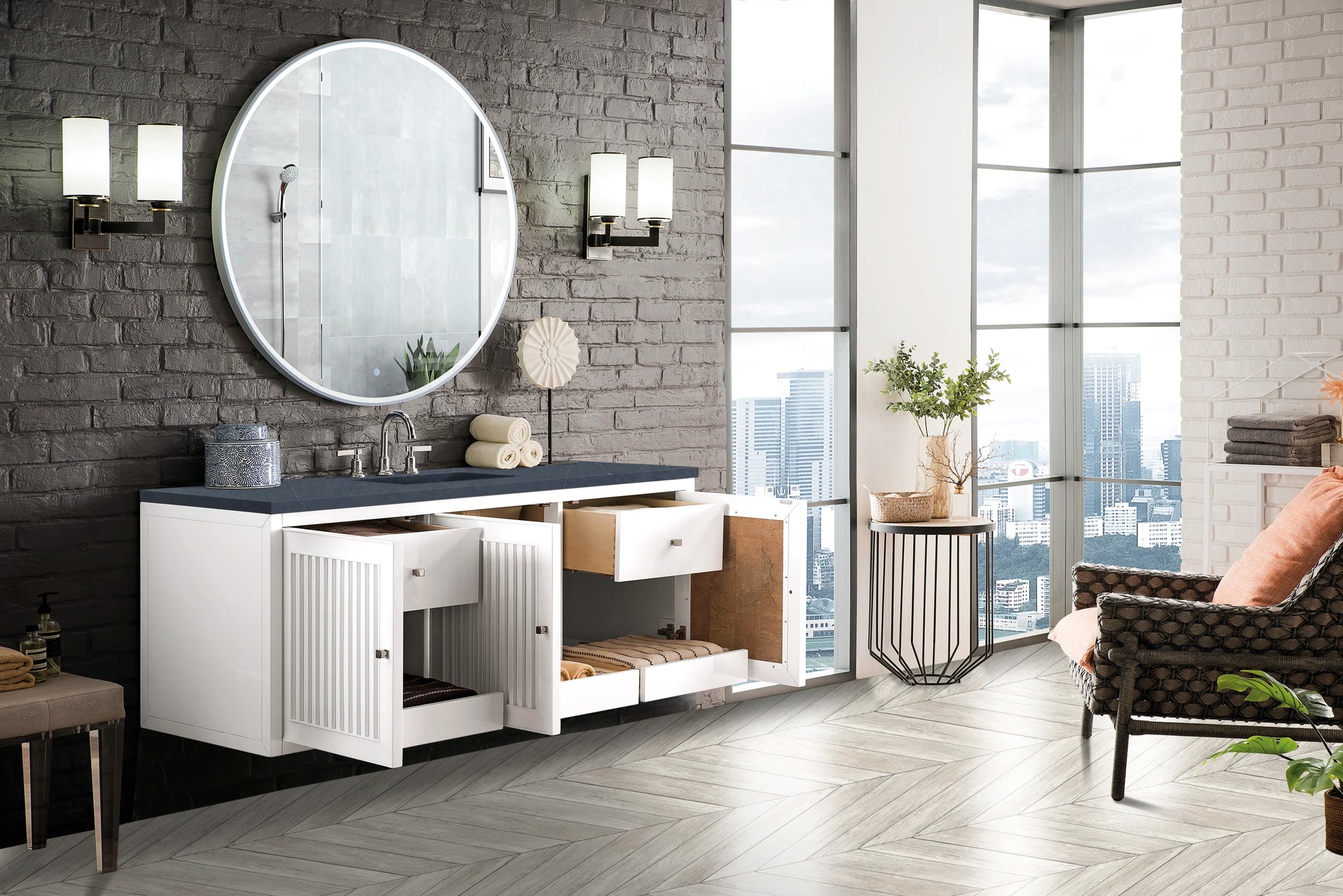 Renovate for Less Atlanta Athens 60" Single Vanity, Glossy White w/ 3 CM Charcoal Soapstone Silestone Top, view 8