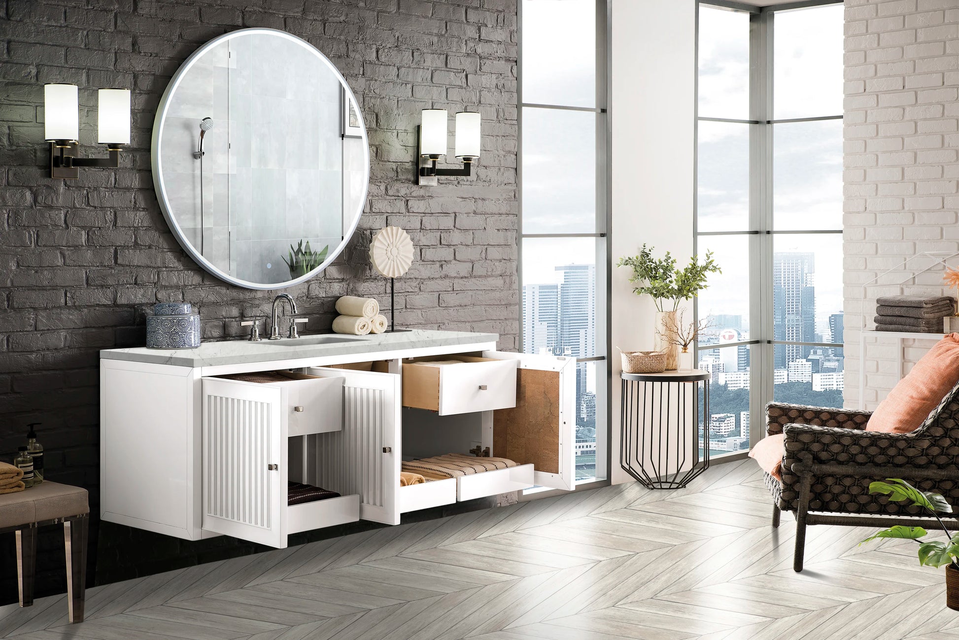 Renovate for Less Atlanta Athens 60" Single Vanity, Glossy White w/ 3 CM Eternal Jasmine Pearl Silestone Top, view 10
